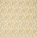 Woven fabric swatch in an abstract tulip print in a repeating stripe on a light orange field.