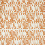 Woven fabric swatch in an abstract tulip print in a repeating stripe on a rust field.