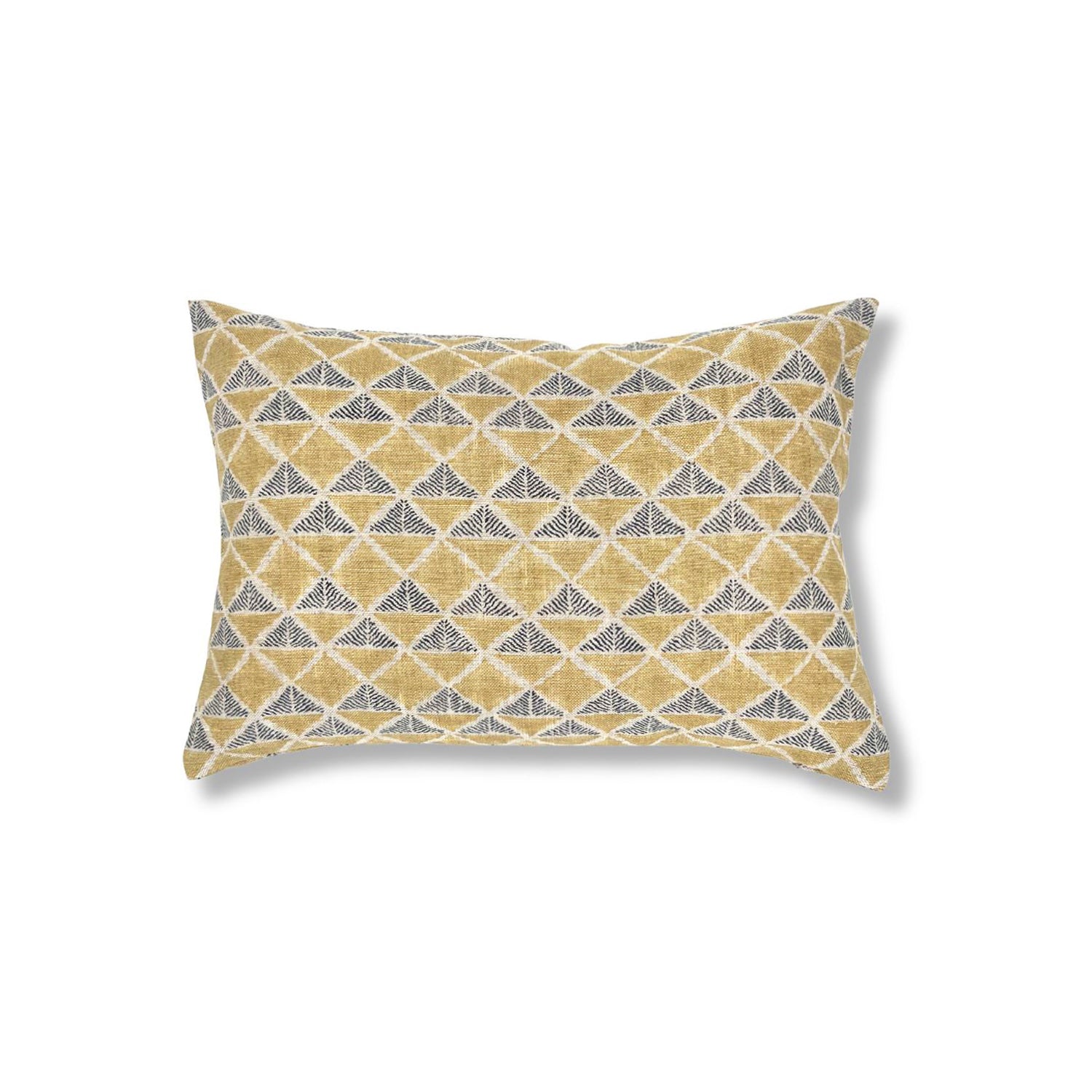 Block printed lumbar pillow with tan diamonds and navy cross hatched lines.