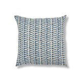 A square throw pillow featuring a vertical leaf-like pattern in shades of blue and cream, set against a plain white background.