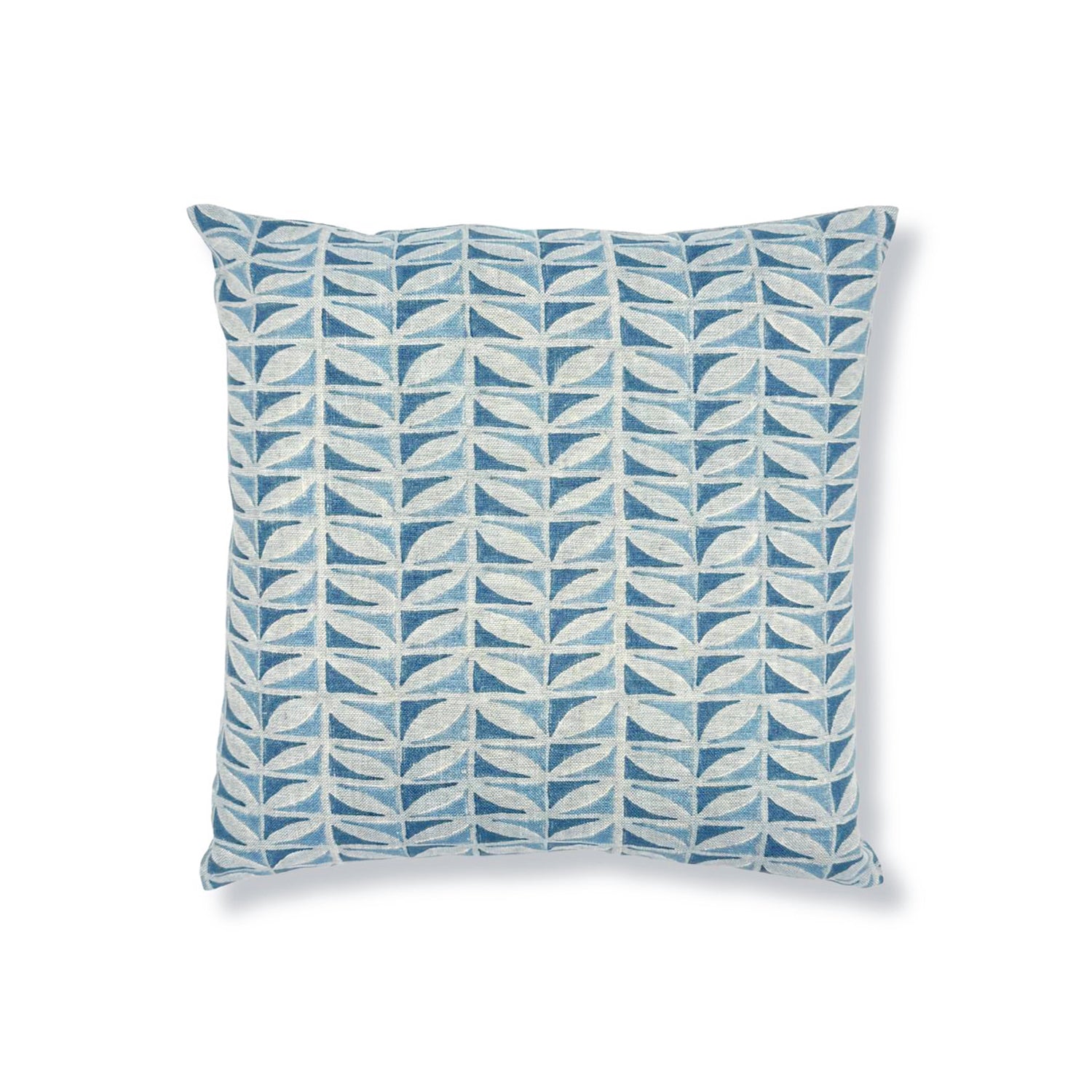 Block printed throw pillow with geometric leaf pattern in shades of light blue on a white background.