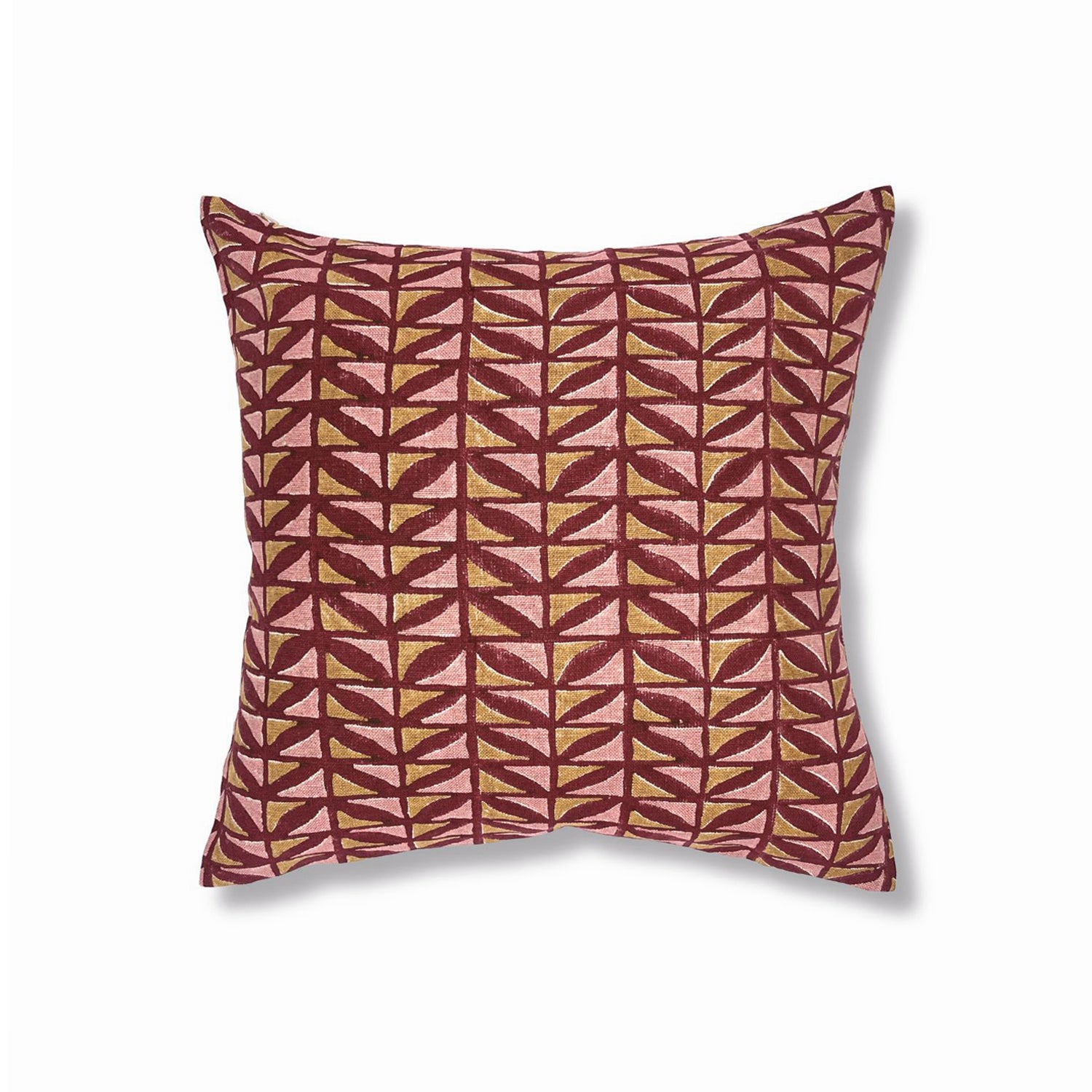 Block printed lumbar pillow with gridded leaf design in wine red with tan and pink accents. 