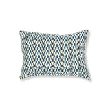 Block printed lumbar pillow with organic petal pattern in shades of blue. 