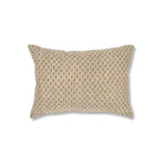 Block printed lumbar pillow with small scale diamond design in ochre and navy blue. 