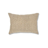 Block printed lumbar pillow with small scale diamond design in ochre and navy blue. 