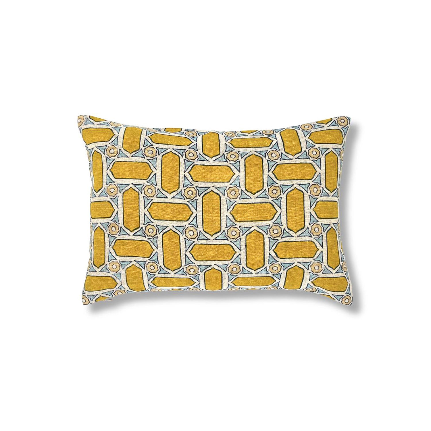 Block printed lumbar pillow with geometric mosaic design in lime green and pale blue. 