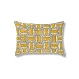 Block printed lumbar pillow with geometric mosaic design in lime green and pale blue. 