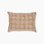 Block printed lumbar pillow with geometric mosaic design in light pink, lime green and wine purple. 