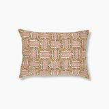 Block printed lumbar pillow with geometric mosaic design in light pink, lime green and wine purple. 
