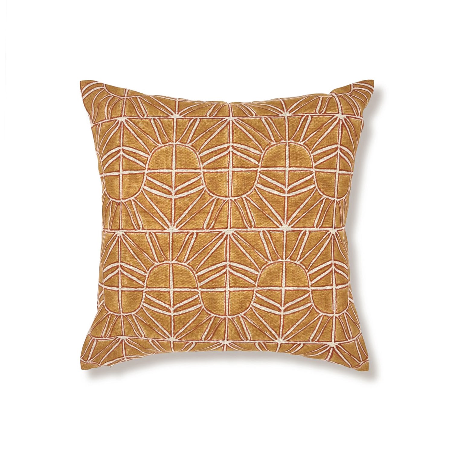 Block printed pillow with amber gold sun motif