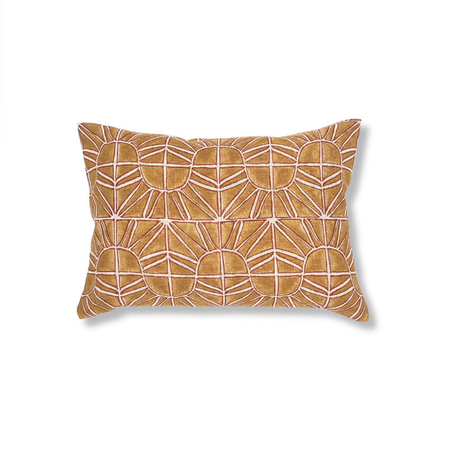 Block printed lumbar pillow with amber gold sun motif