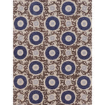 Full image of decorative rug with floral scroll pattern pattern in blue and brown on a beige background