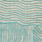 Textured carpet with wavy pattern in teal on beige background