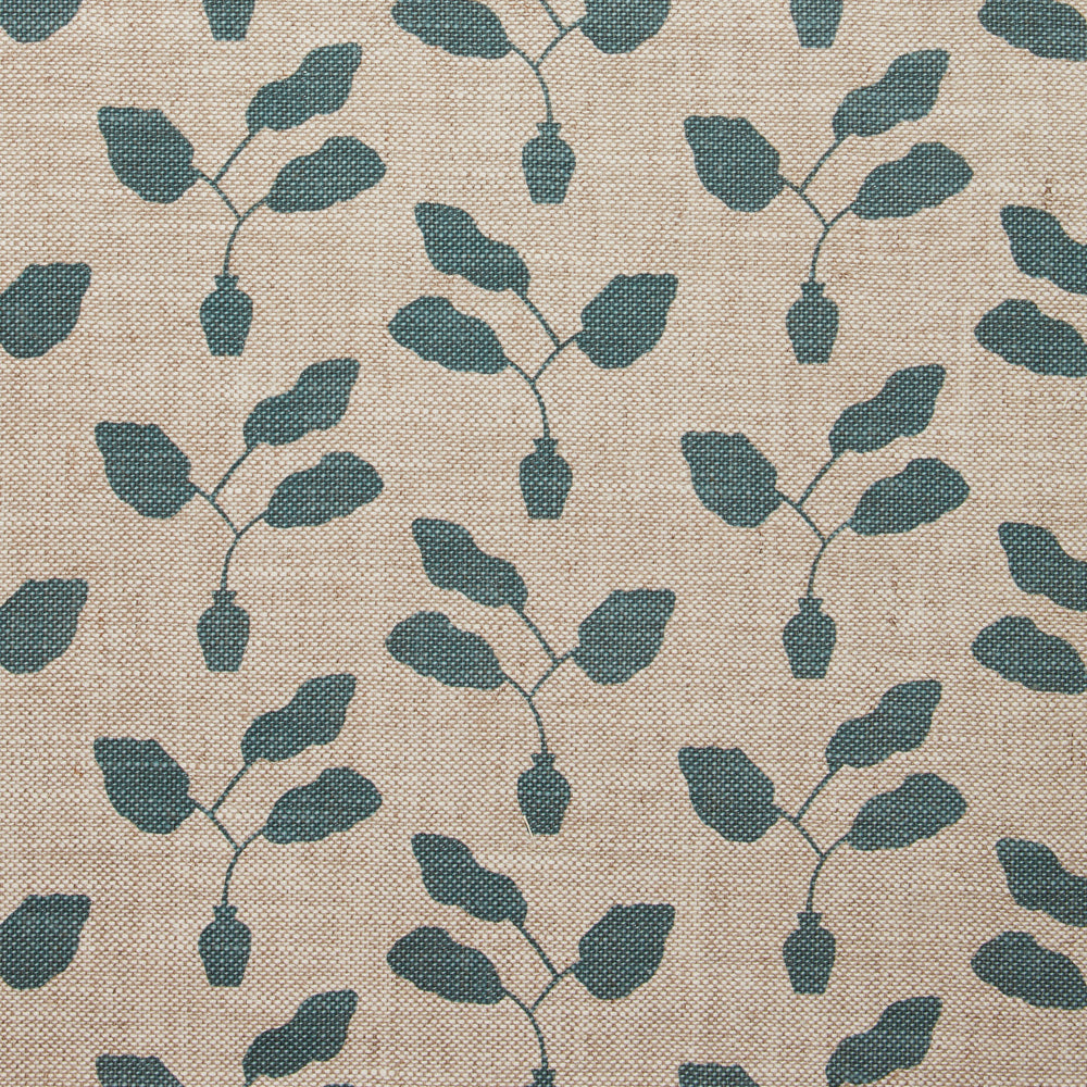 Fabric swatch with a three leafed plant in a pot motif in slate blue on a textured woven linen in oatmeal.