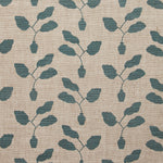 Fabric swatch with a three leafed plant in a pot motif in slate blue on a textured woven linen in oatmeal.