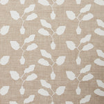 Fabric swatch with a three leafed plant in a pot motif in white on a textured woven linen in oatmeal.