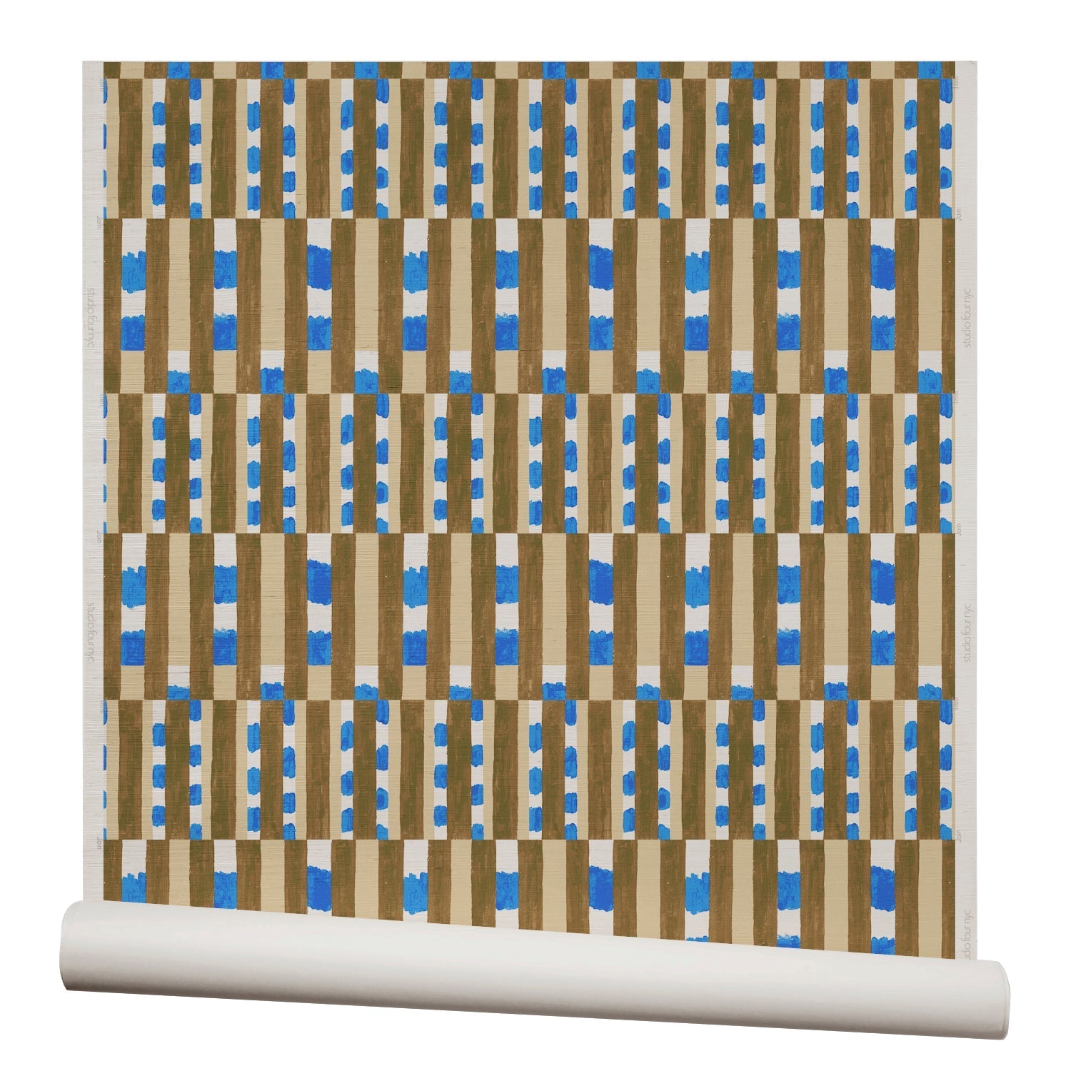 Wallpaper roll with a pattern of vertical stripes of light tan, dark olive green and dashes of cobalt blue and white.