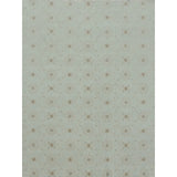 Gand woven rug in a floral filigree pattern in grey, tan and cream on a pastel aqua blue field on white. 