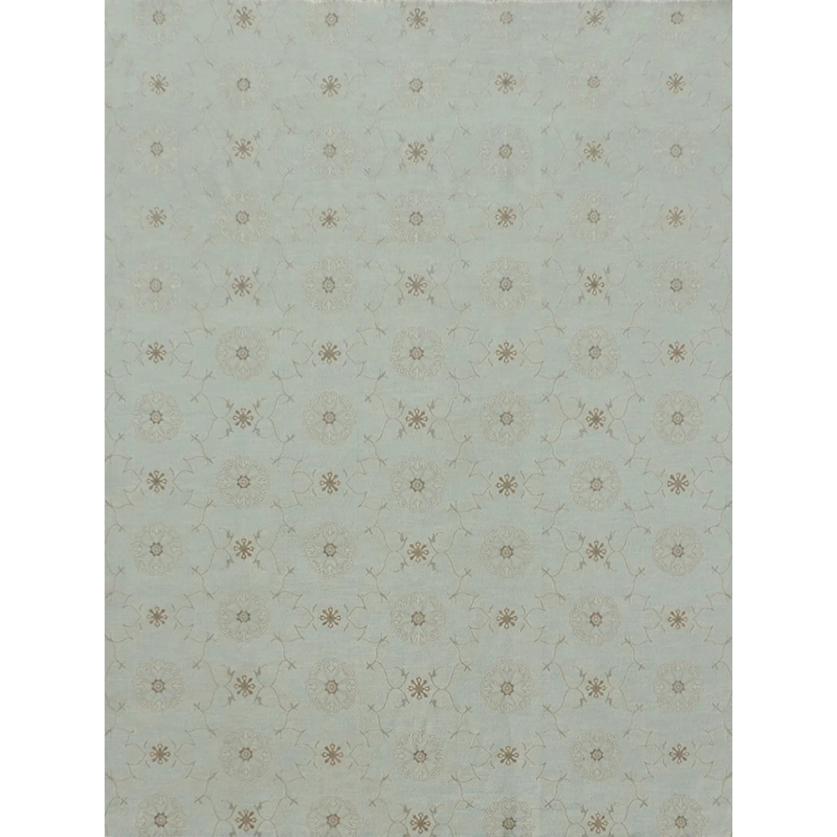 Gand woven rug in a floral filigree pattern in grey, tan and cream on a pastel aqua blue field on white. 