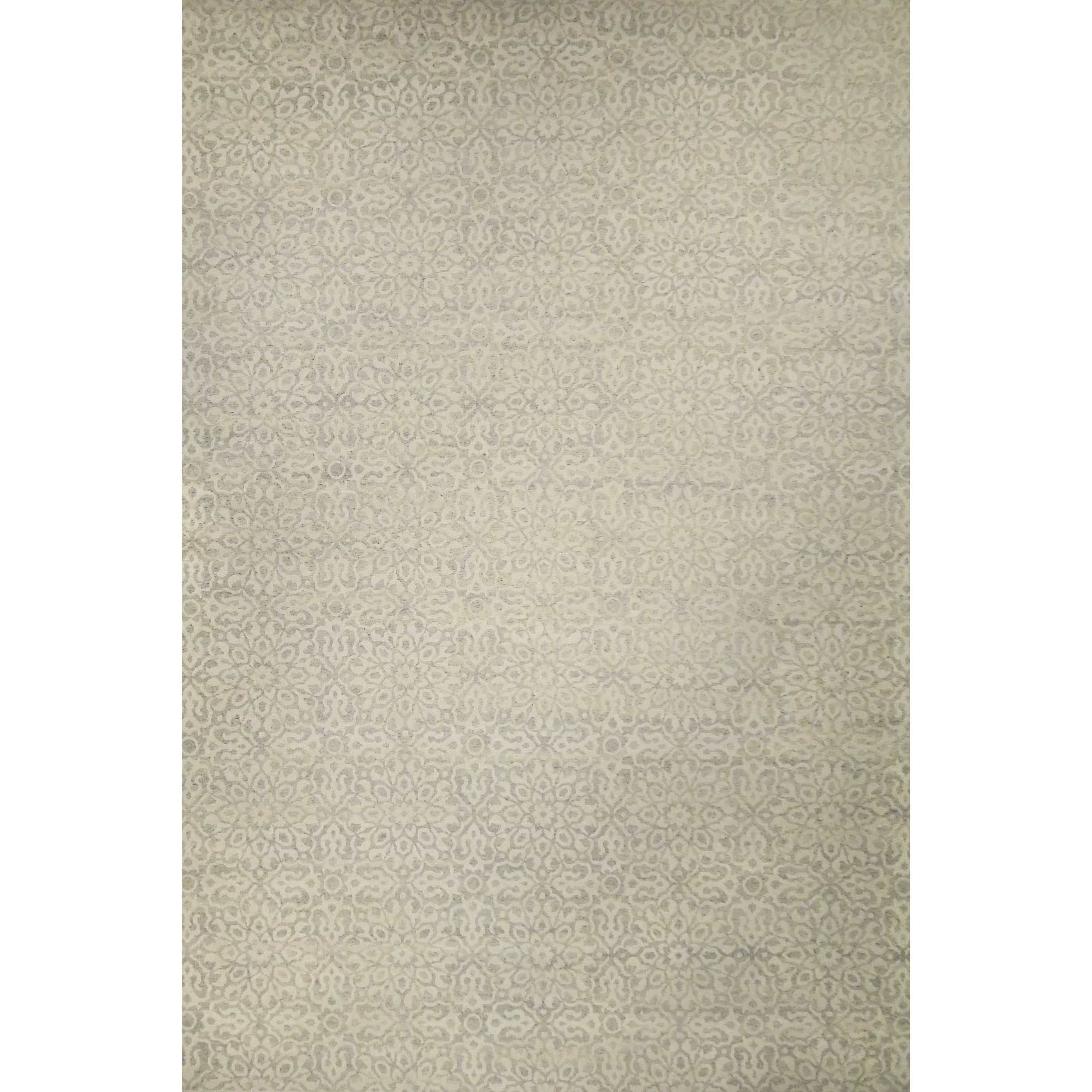 Handwoven rug in an ornate damask medallion design in cream on a grey field on a white background.