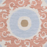 Decorative rug with floral scroll pattern pattern in pink, light blue and tan on a beige background