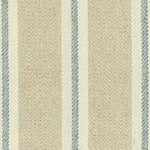 Broadloom carpet in herringbone weave in mixed width stripes in tan, cream and blue.
