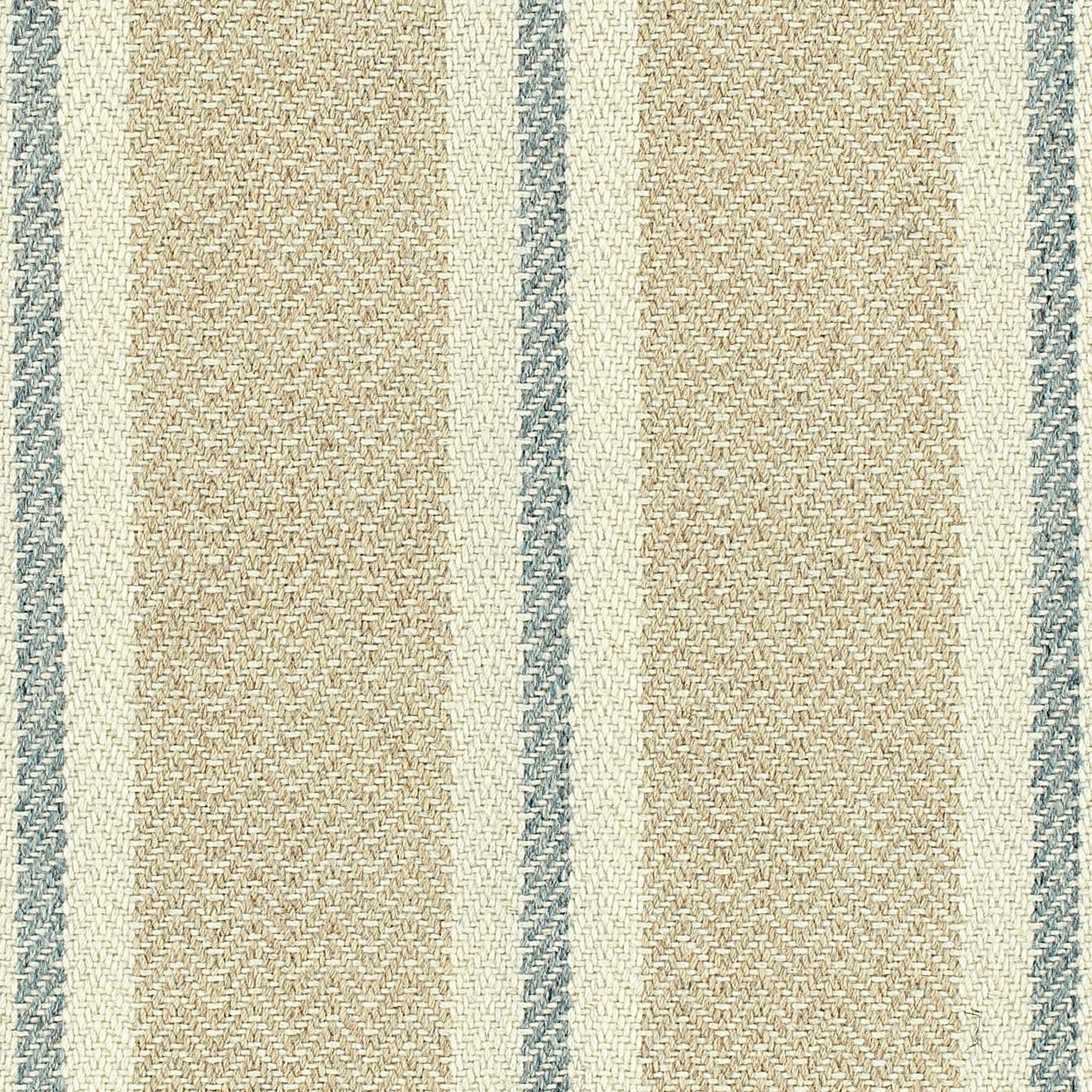 Broadloom carpet in herringbone weave in mixed width stripes in tan, cream and blue.
