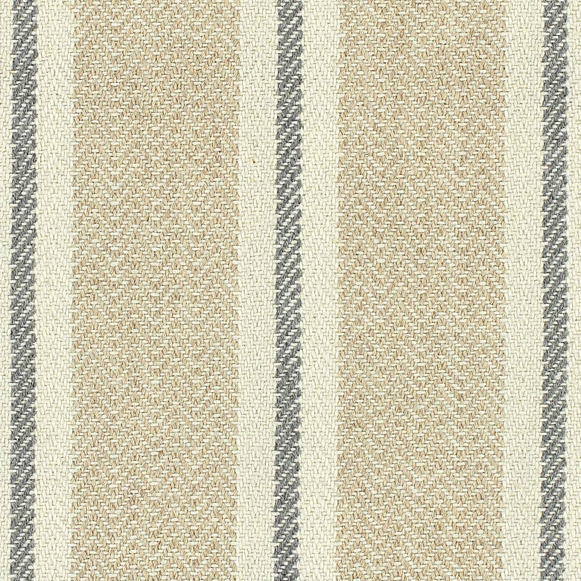 Broadloom carpet in herringbone weave in mixed width stripes in tan, cream and grey.