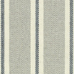 Broadloom carpet in herringbone weave in mixed width stripes in grey, cream and navy blue.