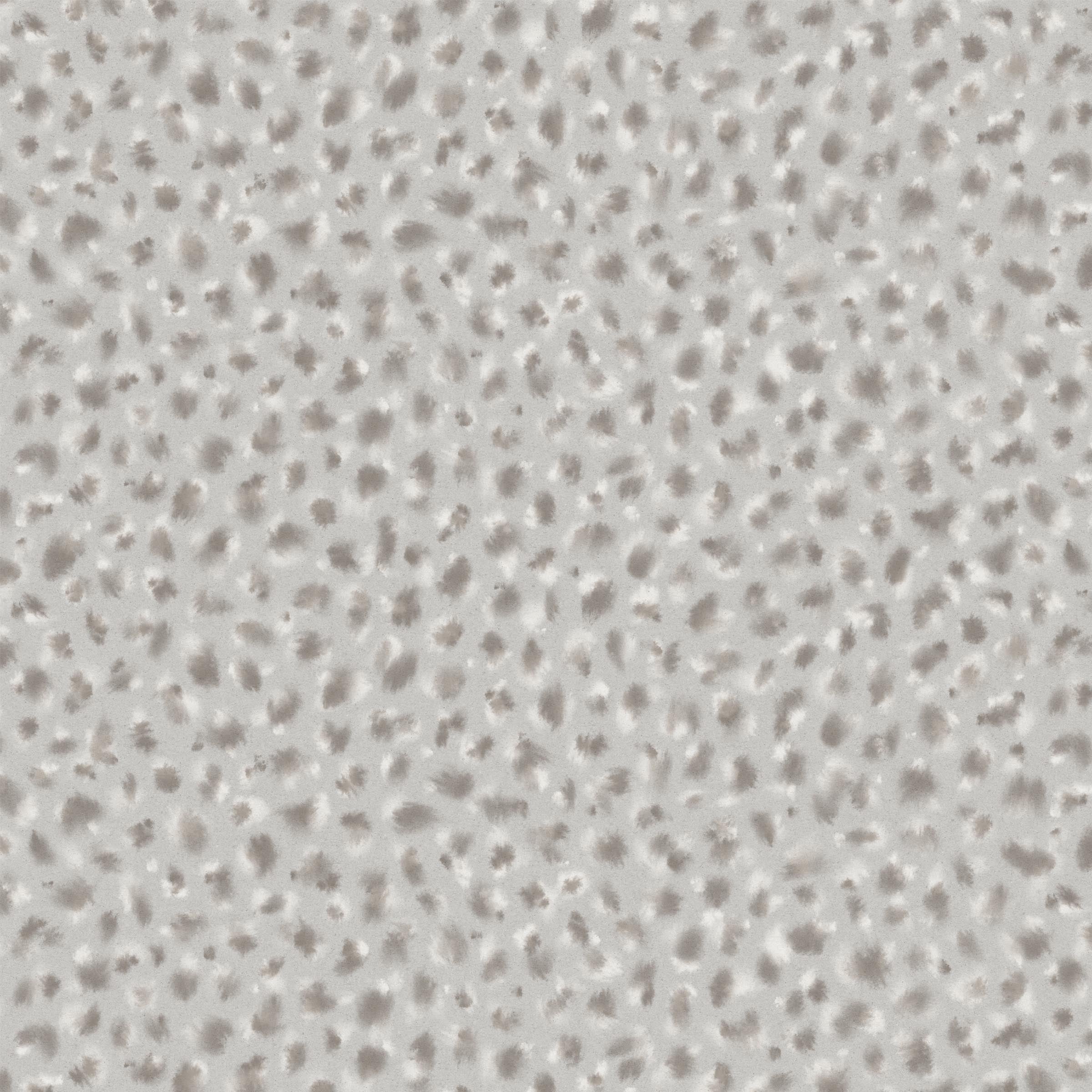Detail of wallpaper in a painterly animal print in white and gray on a light gray field.