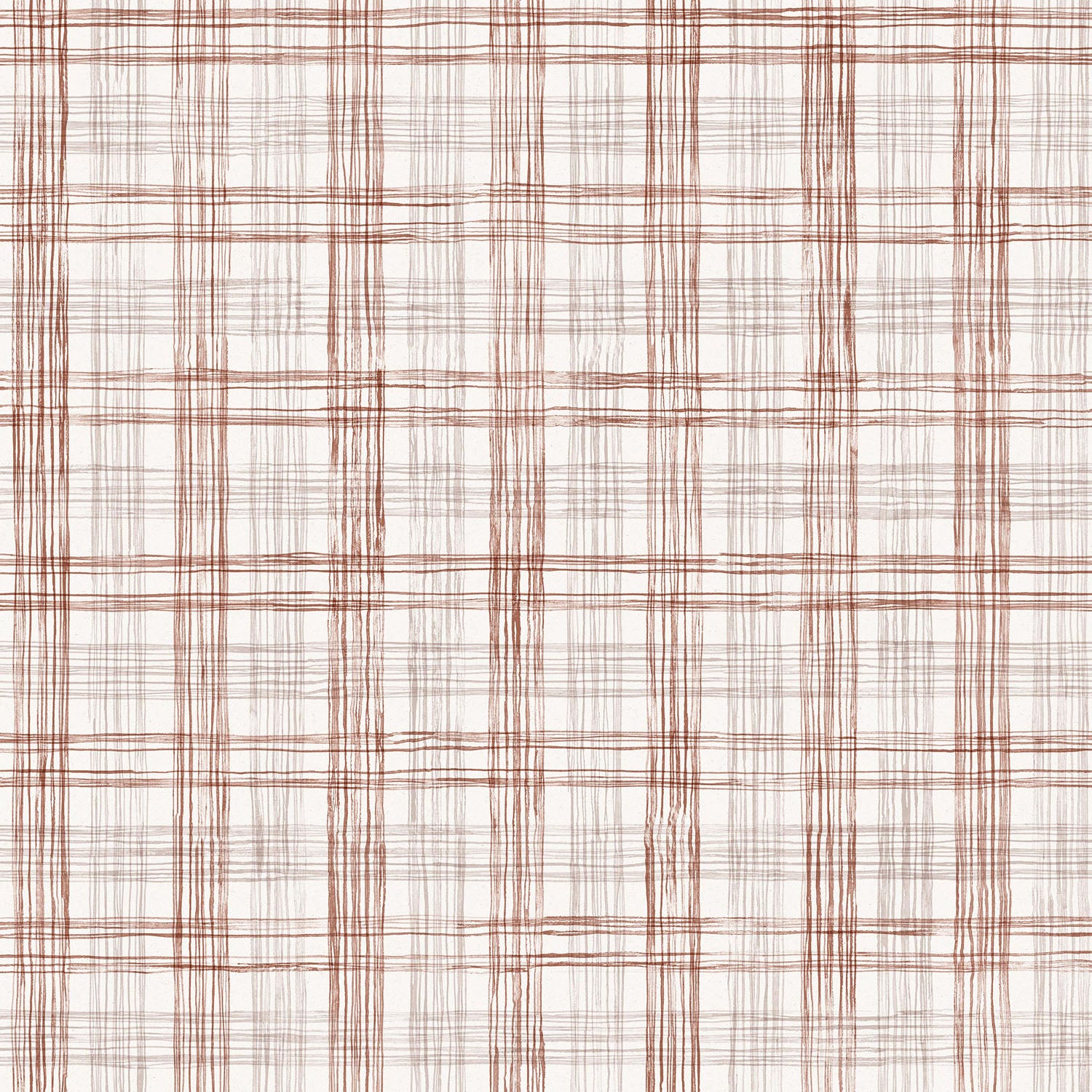 Fabric with watercolor plaid pattern in shades of brick red. 