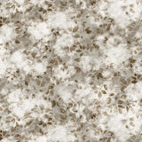 Detail of wallpaper in a painterly leaf print in shades of brown and tan with a mottled white overlay.