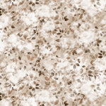 Detail of wallpaper in a painterly leaf print in shades of cream and tan with a mottled white overlay.