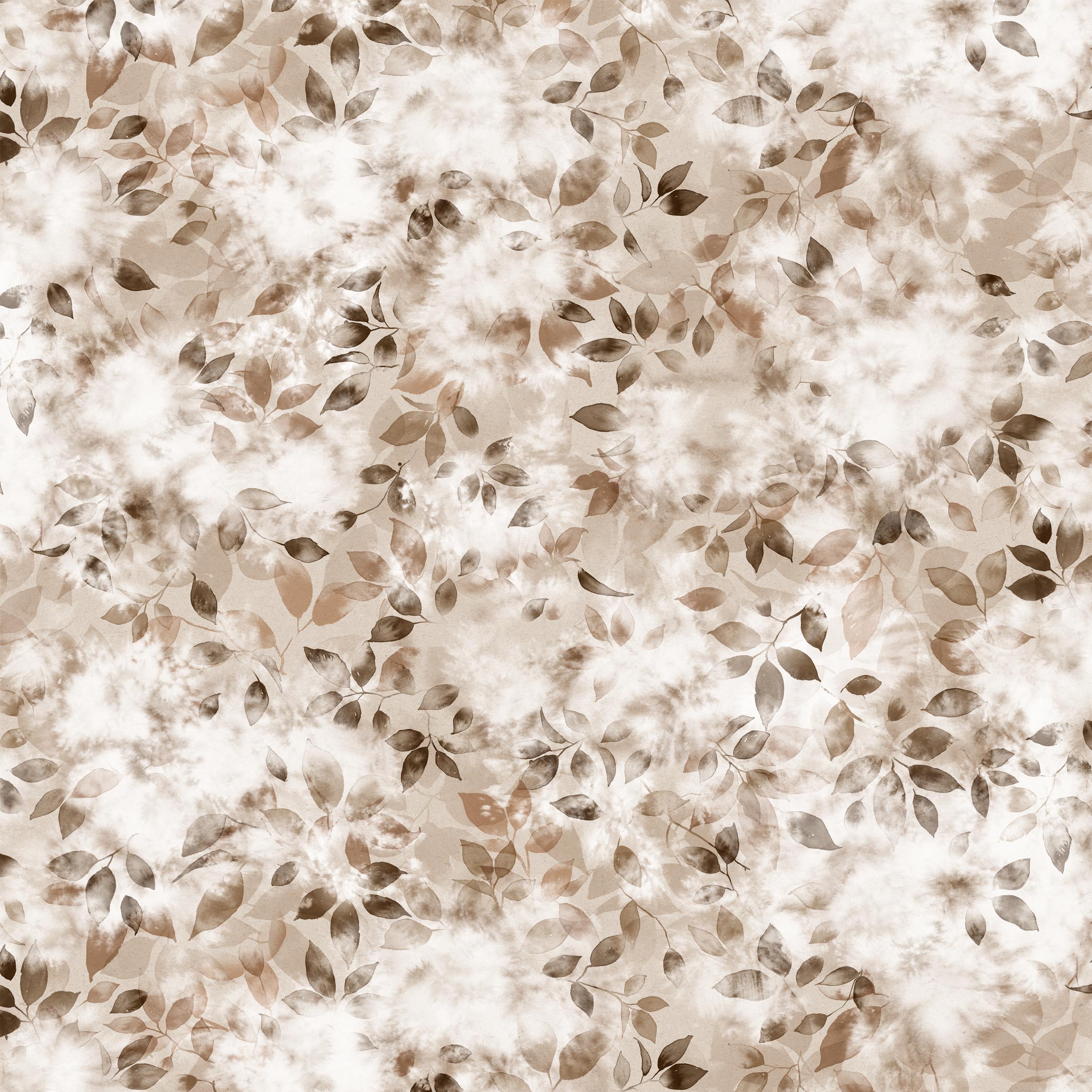 Detail of wallpaper in a painterly leaf print in shades of cream and tan with a mottled white overlay.