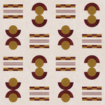 Graphic geometric pattern of circles and stripes in maroon and ochre on a cream field. 