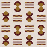 Graphic geometric pattern of circles and stripes in maroon and ochre on a cream field. 