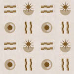 Graphic geometric pattern of circles, stars and stripes in taupe and brown on a cream field.