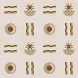 Graphic geometric pattern of circles, stars and stripes in taupe and brown on a cream field.