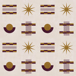 Graphic geometric pattern of circles, stars and stripes in purple and ochre on a cream field.