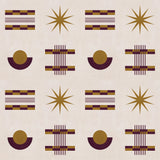 Graphic geometric pattern of circles, stars and stripes in purple and ochre on a cream field.