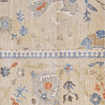 Decorative rug with floral and geometric patterns on a beige background