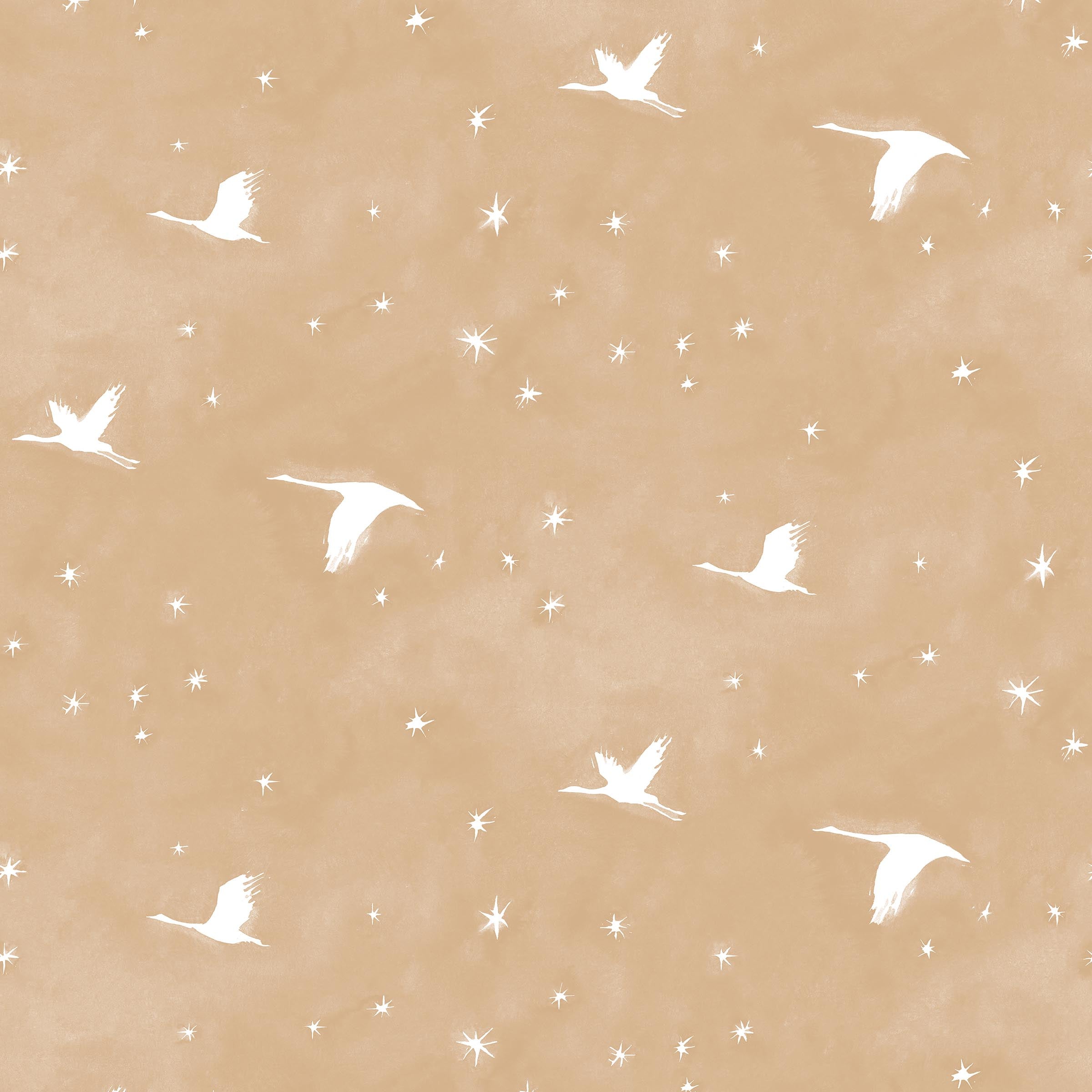Flying geese and star pattern in white on a warm tan watercolor field. 