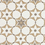Detail of fabric in a geometric star print in shades of brown and tan on a white field.