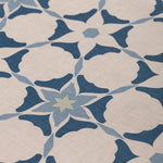 Detail of fabric in a geometric star print in shades of blue and navy on a tan field.