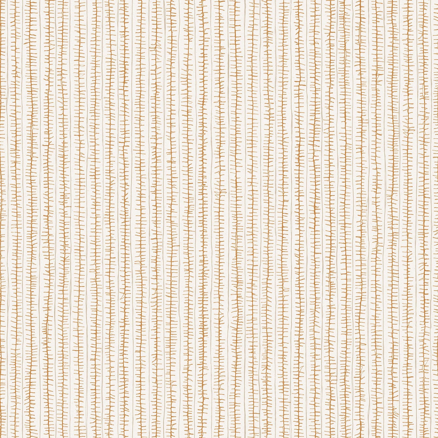 Fabric with hand drawn ticking stripe in caramel and grey on white. 
