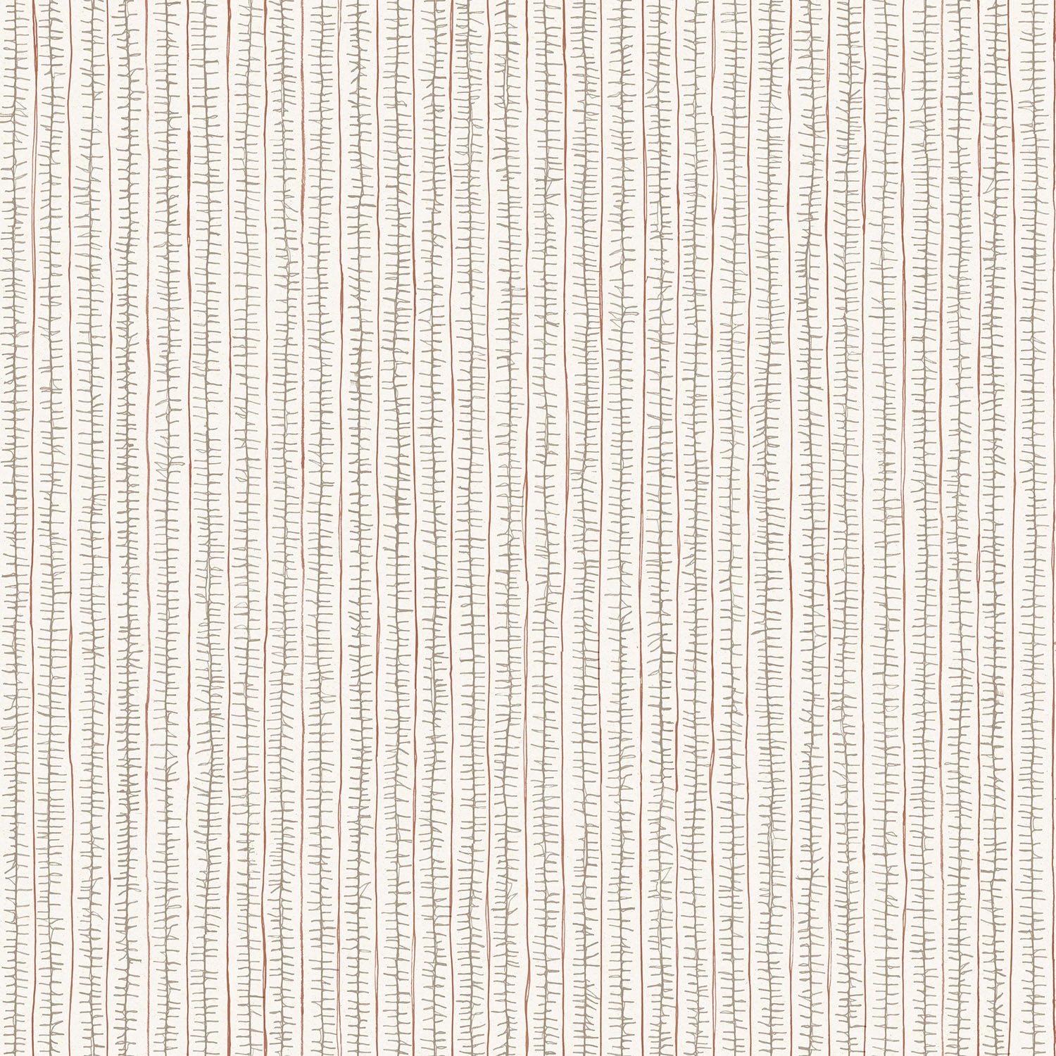 Wallpaper with hand drawn ticking stripe in  grey and rust red on white. 