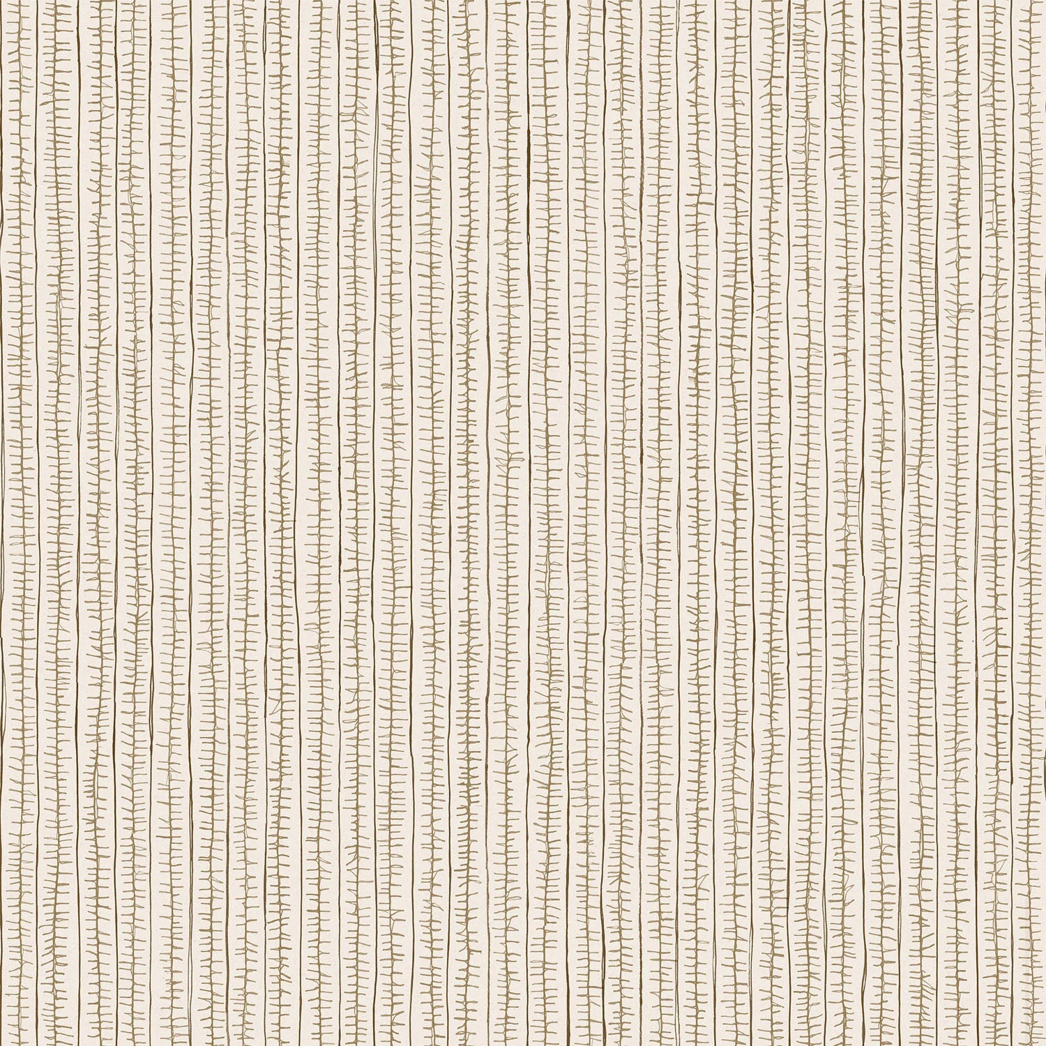 Fabric with hand drawn ticking stripe in olive green and brown on white. 