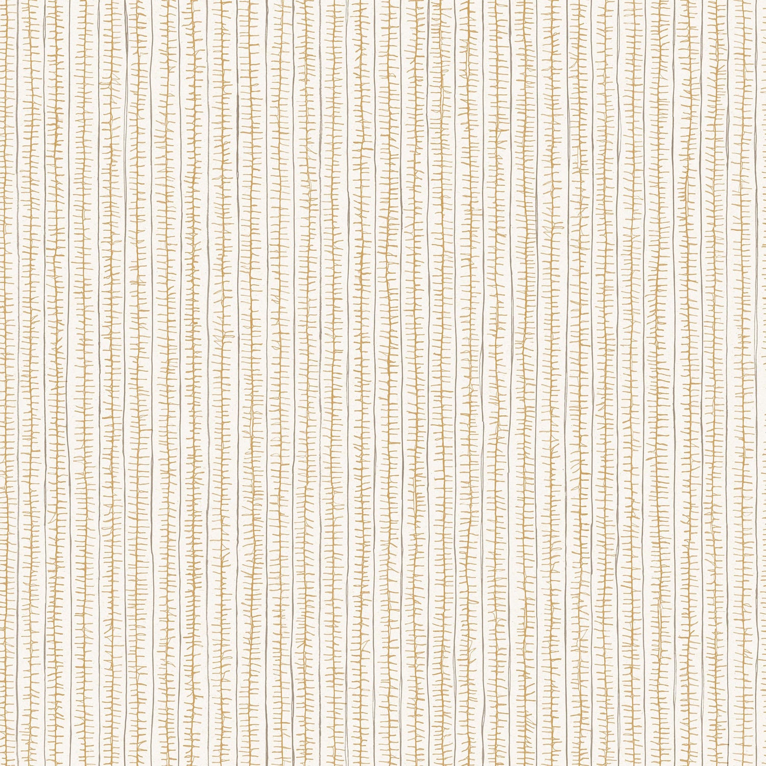 Wallpaper with hand drawn ticking stripe in  yellow and grey on white. 