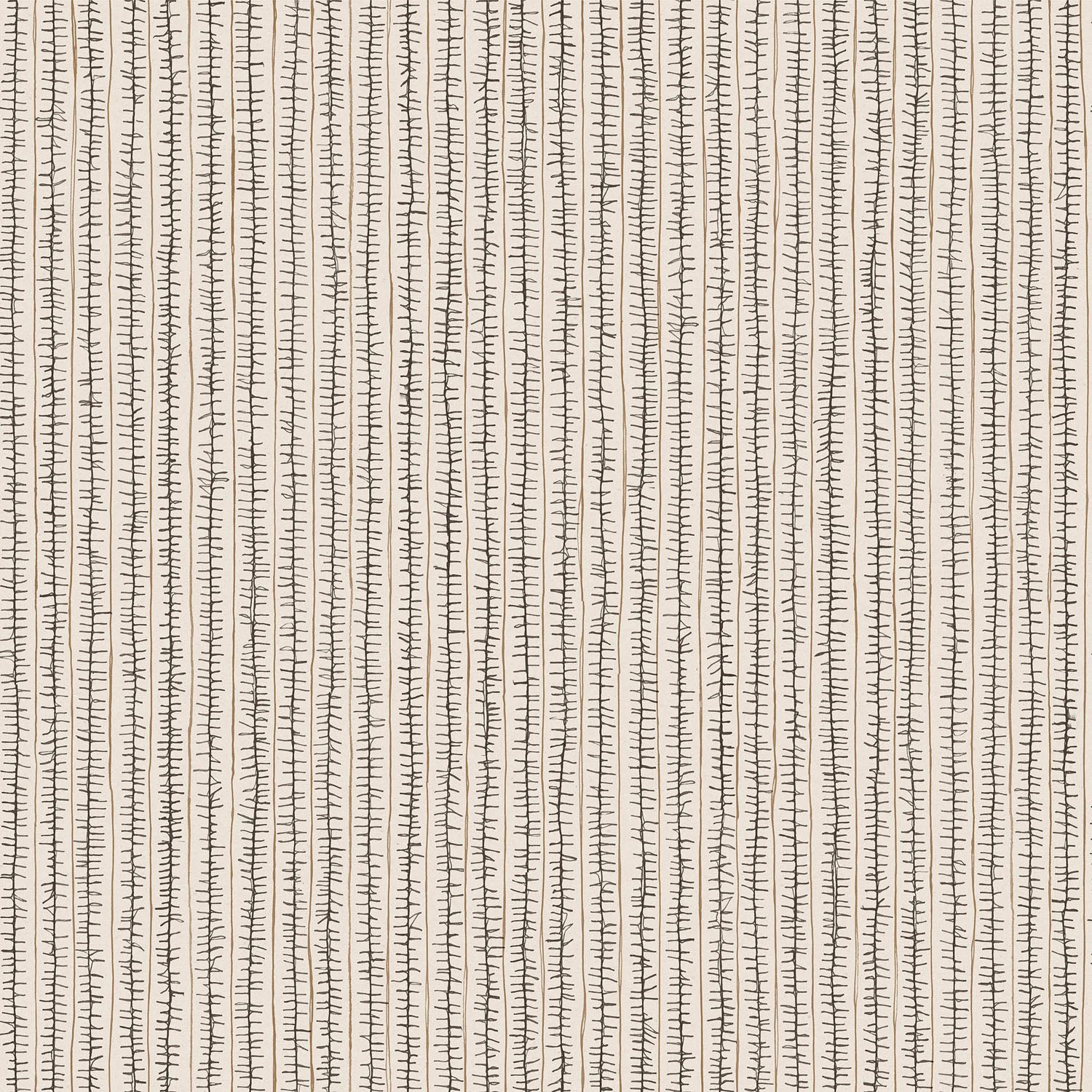 Fabric with hand drawn ticking stripe in black and taupe on white.