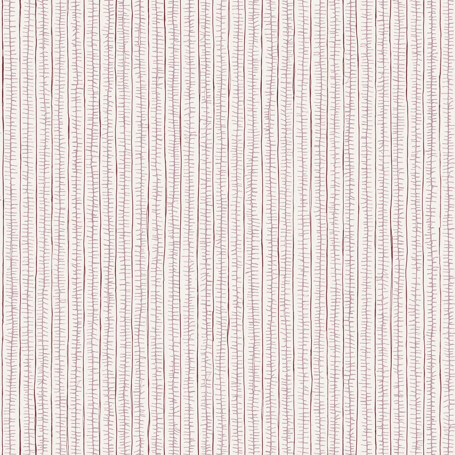 Fabric with hand drawn ticking stripe in shades of purple on white.